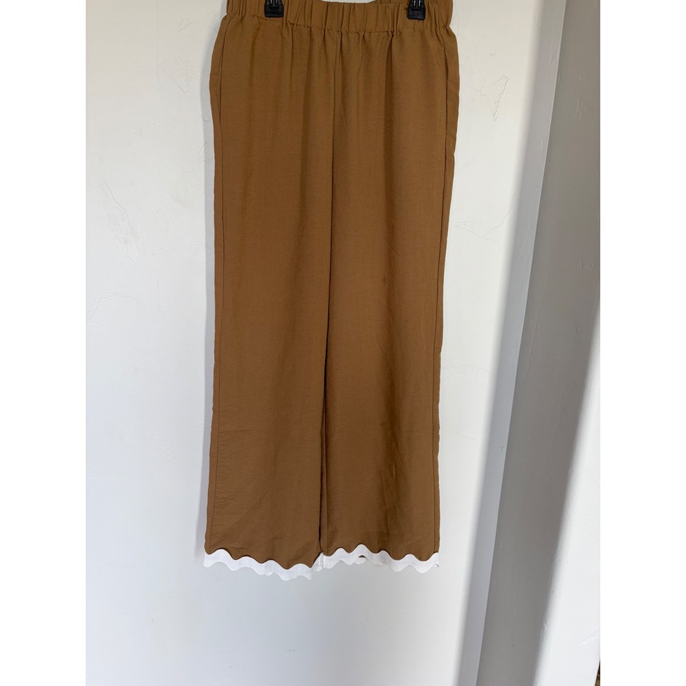 Camel Brown Wide Leg Scalloped Ric‎ Rac Trim Elastic Waist Pants Small